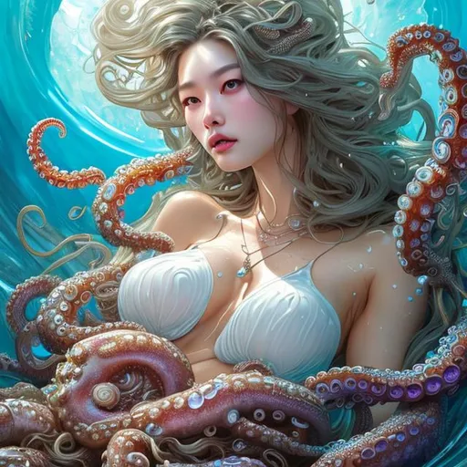 Prompt: , Full body portrait of beautiful korean goddes lie down in a octopus, soaking wet hair, by terry o'neill intricate, white hair, elegant, highly detailed, digital painting, glistening skin, artstation, concept art, smooth, sharp focus, bright lighting, illustration, art by artgerm and greg rutkowski and alphonse mucha, 8 k, lie down, holding dildos, seduced,