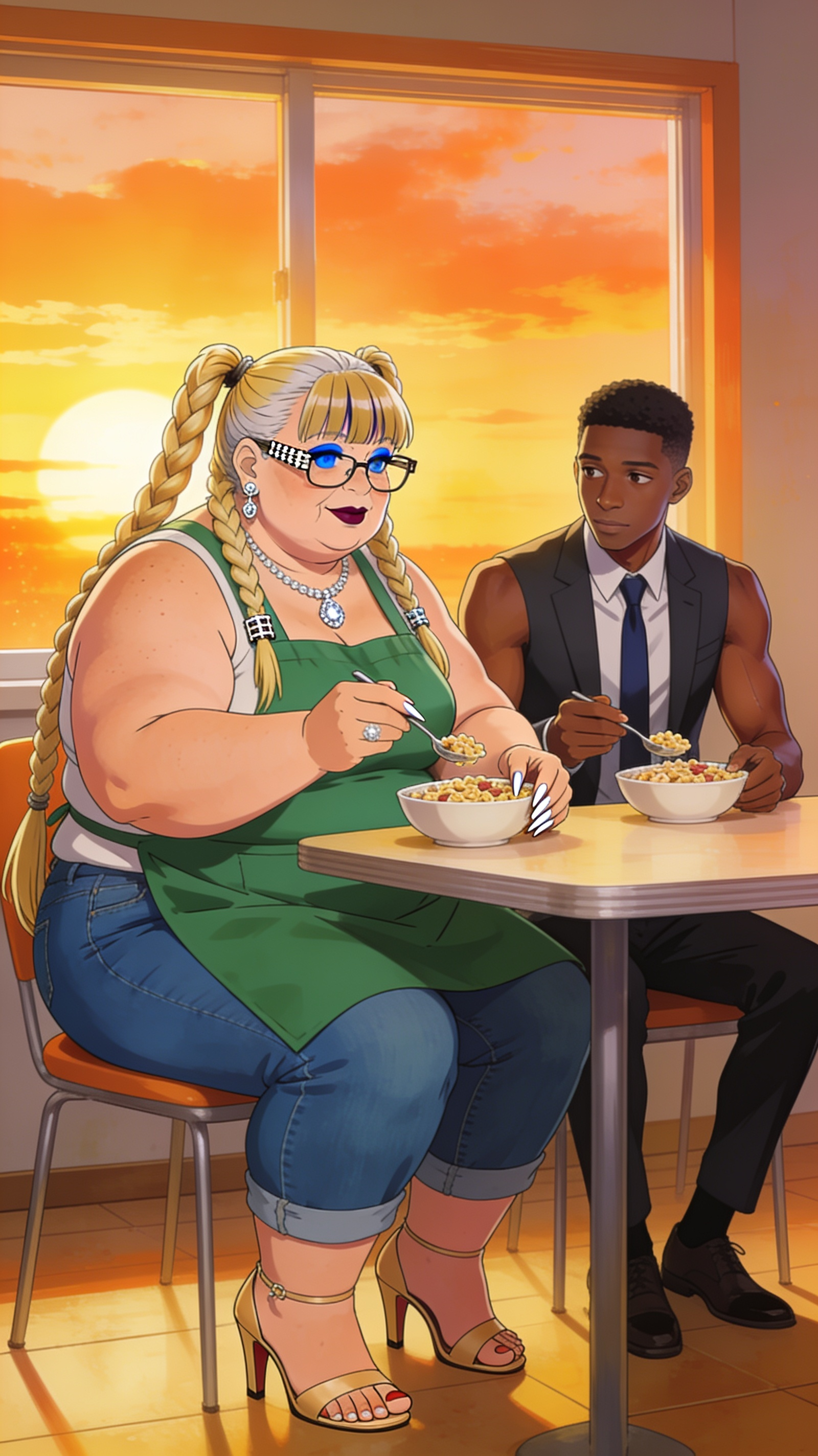Prompt: anime: a woman(extremely obese, 500-pounds, fat arms, fat legs, age 60 woman female janitor in green apron, blue jeans, 12-inch open-toe high heels, glasses,braces,blue eyeshadow,lipstick,long braided blond pigtails and bang hair, extra-long fingernails, diamond earrings, diamond necklace) id having ceral with. a slim, thin athletic African man age 20 wearing a suit and tie ask in the morning they wake up to a beautiful sunrise while eating a bowl of cereal.