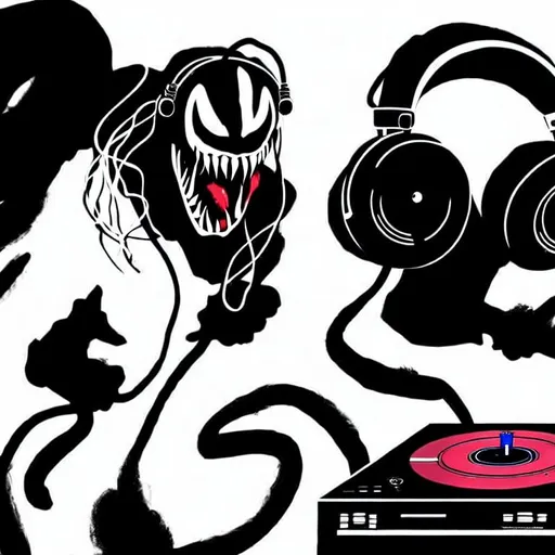 Prompt: Venom as a DJ in a nightclub wearing headphones, with record player, realistic