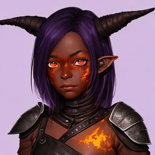 Prompt: Portrait of a beautiful, shy, sad, innocent, young, adolescent tiefling girl, very dark ash skin, fiery eyes, tattered leather armor, daggers emit a purple glow