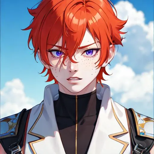 Prompt: Erikku male (short ginger hair, freckles, right eye blue left eye purple) muscular, UHD, 8K, Highly detailed, insane detail, best quality, high quality.  holding dollar bills