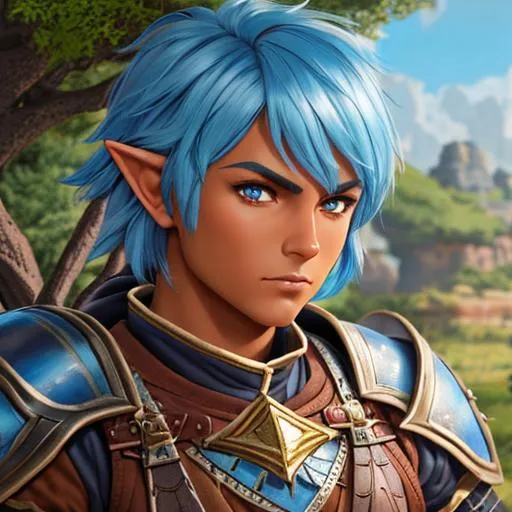Prompt: oil painting, D&D fantasy, tanned-skinned-gnome man, tanned-skinned-male, short, short bright brown and blue hair, cropped hair, ready for battle, pointed ears, looking at the viewer, warrior wearing intricate armor outfit, #3238, UHD, hd , 8k eyes, detailed face, big anime dreamy eyes, 8k eyes, intricate details, insanely detailed, masterpiece, cinematic lighting, 8k, complementary colors, golden ratio, octane render, volumetric lighting, unreal 5, artwork, concept art, cover, top model, light on hair colorful glamourous hyperdetailed medieval city background, intricate hyperdetailed breathtaking colorful glamorous scenic view landscape, ultra-fine details, hyper-focused, deep colors, dramatic lighting, ambient lighting god rays, flowers, garden | by sakimi chan, artgerm, wlop, pixiv, tumblr, instagram, deviantart