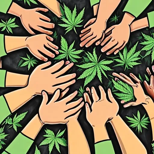 Prompt: hands so many hands holding weed, cartoon