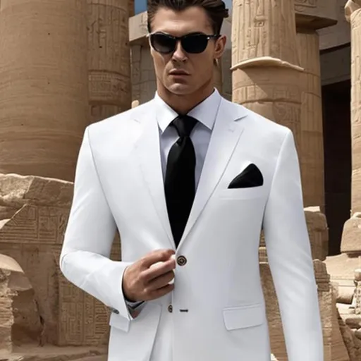 Prompt: A white men's suit with a modern black button inspired by the ancient Egyptian civilization