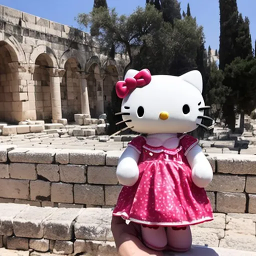 Prompt: hello kitty at the Temple Mount jerusalem