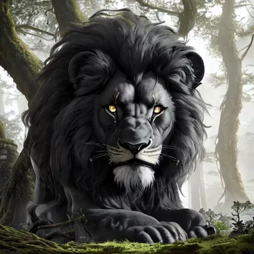 Prompt: black lion with in the middle of the ancient forest , colossal scale, centered,photorealistic, high details, intricate by Nick Nichols and Evgeniy Antonenkov