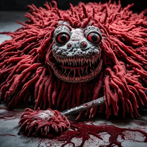 Prompt: Bloody mop, mopping up spilled blood, whole mop in photo, long red bristles, eyes on mop,  brains and viscera, mop creature