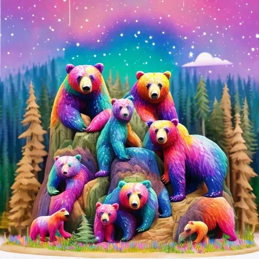 Prompt: Lisa frank style of bears in the forest diorama