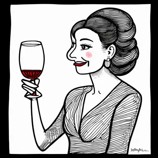 Prompt: A hand drawn picture of a happy posh woman holding a glass of wine, simple lines