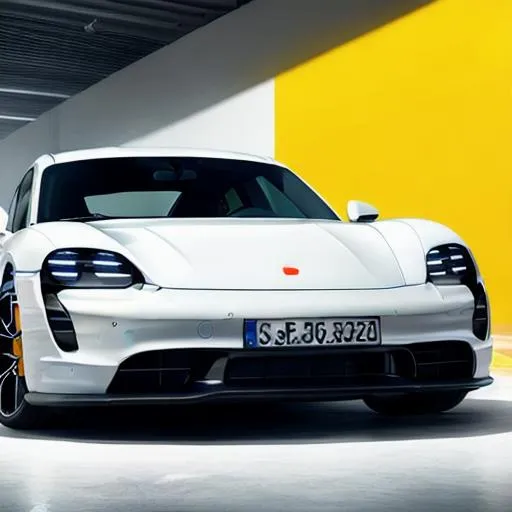 Prompt: Porsche taycan in white, studio, colourful lighting, mist, 