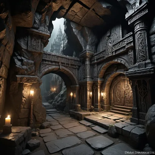 Prompt: Dwarven underground weathered city in Warhammer fantasy RPG style, huge cave, dark mood, eerie atmosphere, dimly lit, various randomly placed houses, realistic, detailed stone carvings, intricate metalwork, rugged dwarven architecture, atmospheric lighting, high resolution, realistic, RPG style, fantasy, underground, dim lighting, detailed stone carvings, intricate metalwork, rugged architecture, dynamic view, seen from distance,