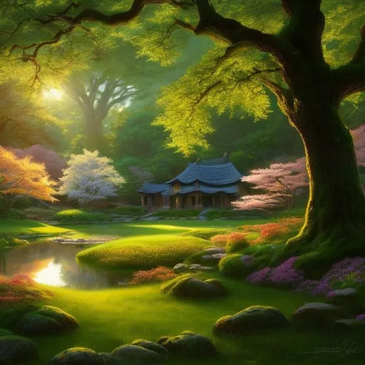 Prompt: An idyllic forest glen. The glen is illuminated by soft, ethereal light, with fireflies gently flickering around them. There is a couple of lovers sitting beneath a magnificent, centuries-old oak tree adorned with delicate, glowing blossoms. Create a heartfelt, digital painting that beautifully portrays their love within this enchanting setting. Ensure the artwork maintains a sense of realism while capturing the magical ambiance and deep emotions of the moment.