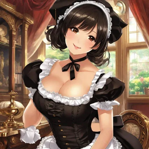 Prompt: anime art, pretty young Indonesian maid, 25 year old, (round face, high cheekbones, almond-shaped brown eyes, epicanthic fold, small delicate nose, luscious lips, short bob black hair), (saucy maid costume), perfect hourglass figure, thigh-highs, bending over, dusting, background ornate drawing room, masterpiece, intricate detail, best quality, expressive eyes, perfect face, Japanese manga, Pixiv, Anime Key Visual, Fantia 