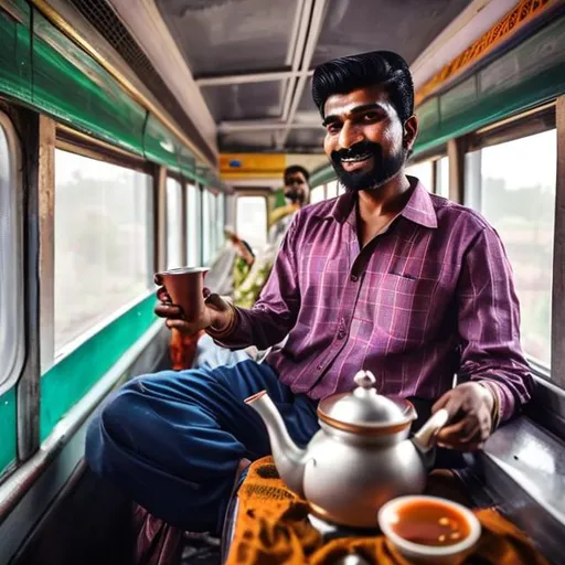 Prompt: 4:3 ratio hq image of an Indian chaiwala selling tea in a fully occupied AC coach of a modern Indian train calling "kharaab chai le lo" with a smile