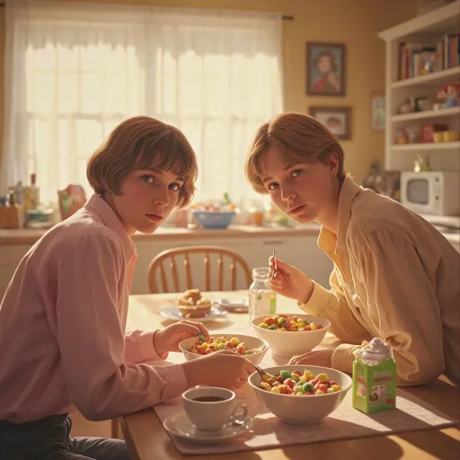 Prompt: The image is a digital art piece in semi-realistic painterly style. Two young  1980’s era age18 teenage women In a warm, sunlit room, share a serene breakfast at a 1980’s era kitchen table, glancing shyly towards the camera, their expressions shyly smiling. The woman on the left glances directly at the viewer, her expression smiling shyly.. Opposite her, the second woman blushes as she glances longingly at the viewer, her spoon poised above her bowl of colorful cereal. The room is decorated with period furnishings annd anppliances and light filtering through sheer curtains, creating an inviting backdrop that enhances the sense of intimacy in this simple yet heartfelt morning ritual.