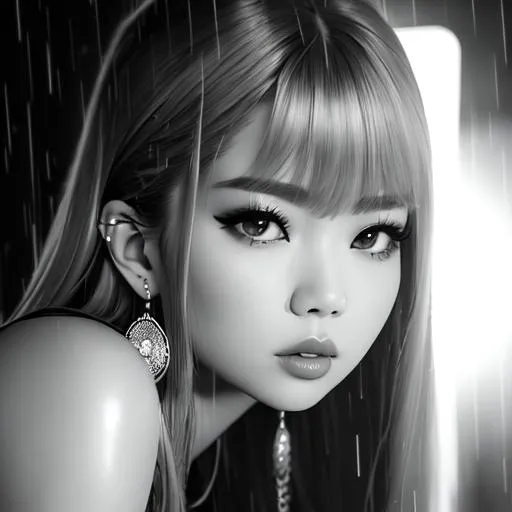 Prompt: (headshot), a beautiful Lalisa Manobal from Blackpink, kpop, idol, (tattoo), (wearing a sleeveless white dress), (wearing hoop earrings), (wearing white high kneels), dark and rainy night, cinematic lighting, Hyperrealism, ultra highres, photorealistic, 8k, photography