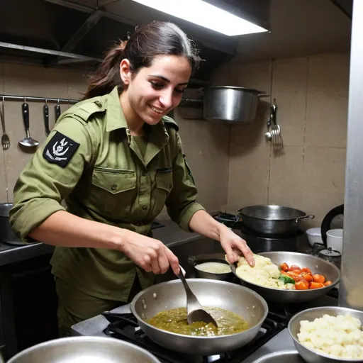 Prompt: Female IDF soldier cooking meals for her soldiers