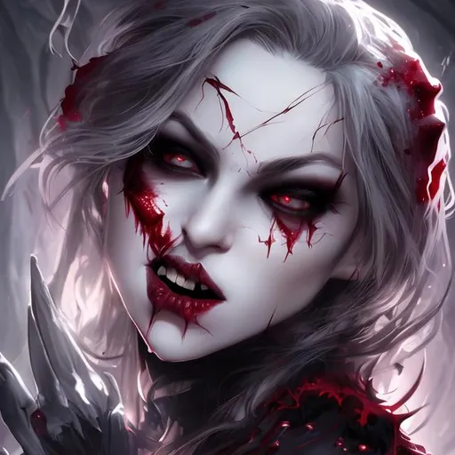 Prompt: Vampire beautiful cute face Queen masterpiece, 8k, detailed, cinematic, full body , hand with blood , no cut, human mutilation,  horn devils full body, devil, by iiearwork