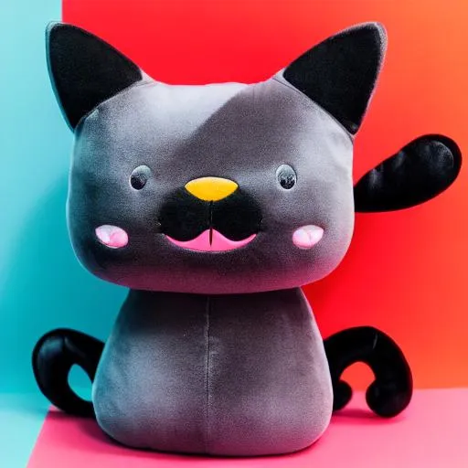 Prompt: cute kawaii squishy black cat plush toy, smooth texture, visible stitch line, soft smooth lighting, vibrant studio lighting, modular constructivism, physically based rendering, square image