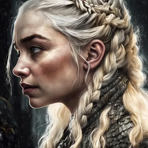 Prompt: (profile head portrait) (location: throne room) Daenerys Targaryen, white long braided hair, narrow eyebrows, straight nose, natural-colored lips. Detail of the Iron Throne in the background. In the style of Luis Royo. Hype realistic, splash art, concept art, mid shot, extreme, intricately detailed, color depth, dramatic, 2/3 face angle, side light, colorful background