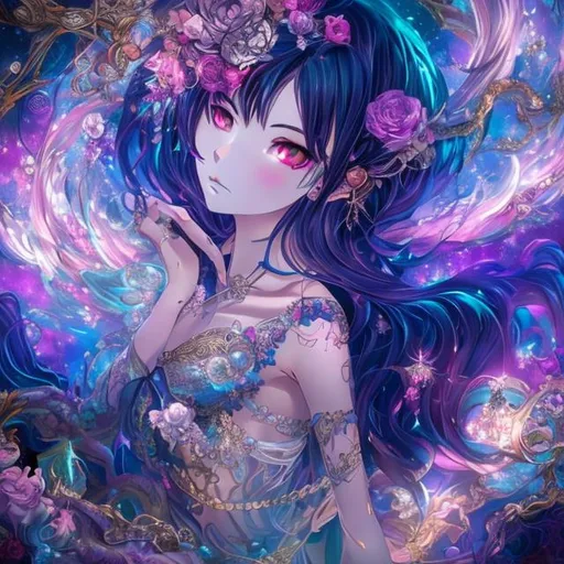Prompt: {{{{Enchanting Anime Girl}}}} - Create a captivating digital artwork of an original anime girl character. Embody her with an air of mystery and allure, drawing inspiration from the world of fantasy and magic.

Design her with a unique hairstyle that showcases her personality and magic affinity. Use vibrant colors that evoke a sense of wonder and enchantment, and add intricate details to her attire and accessories, reflecting her mystical nature.

The character should exude confidence and charm, with (luminous eyes) that hold a hint of magic within them. Let her pose convey a sense of grace and elegance, reflecting her otherworldly presence.

Surround her with elements from a fantastical realm, such as (sparkling crystals) or (fluttering mystical creatures), to emphasize her connection to the magical world she inhabits.

As you craft this artwork, strive for the {{highest quality}} in digital artistry. Utilize (lifelike textures brush strokes) to add depth and realism to her features and the surrounding environment. Aim for {{hyperrealistic intricate art}}, ensuring that every detail is carefully crafted to bring this enchanting character to life.

Present the final artwork in (perfect 4k resolution) to showcase the stunning beauty of this anime girl. Let your creativity and imagination flow freely, allowing her to become a captivating embodiment of the magical realm you envision.
