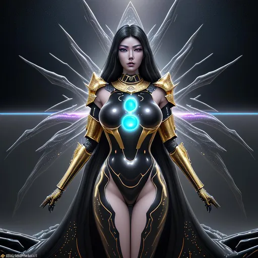 Prompt: splash art, hyper detailed, hyper realistic, highly detailed, dark, surreal heavy mist, floating at the edge of the Universe, on an alien planet, 

create a computer generated exquisite, beautiful, ultra realistic young adult Asian hologram of a female Time Lord,  wearing highly detailed and obsidian and gold armor,

Gorgeous detailed facial features, long legs, vibrant sumptuous, perfect body, ultra pale, visible midriff, heavy iron collar, 

Perfect studio lighting, perfect shading. HDR, UHD, high res, 64k, cinematic lighting, special effects, hd octane render, professional photograph, trending on artstation, .