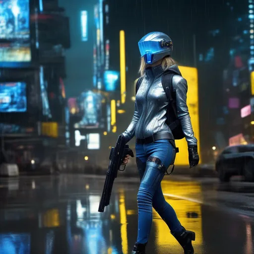 Prompt: a full body cybernetic futuristic svelte woman from 2250 ((full shot)), holding a gun, walking in the wet street, wearing a bluish grey shiny tight jeans and sweater and thin black boots, a big backpack, a futuristic big cross helmet with metallic visor, intricate blue and yellow billboards in the background, maximalist, reflection, blue hue, cyberpunk setting, UHD, photorealistic, super resolution, dynamic lighting, a masterpiece, by jeremy mann, a breathtaking artwork by Brian Froud, Ferez, Arthur Rackham, Beeple, Epic scale, highly detailed, clear environment, triadic colors cinematic light 16k resolution, trending on artstation, hyperdetailed, hyperrealism, cinematic, filmic; epic in scope and scale, Poster art. night, yellow and blue billboards and buidings in the background and sides
© Amina