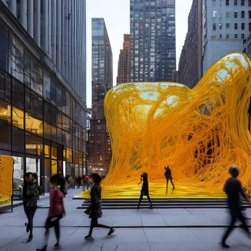 Prompt: at dusk, huge public art, modern art, in manhattan, big, yellow,  layered glasses, random square, tall, wave form, complicated, detailed art with glass, rounded art, in front of the building, people walking by the art, people can walk inside
