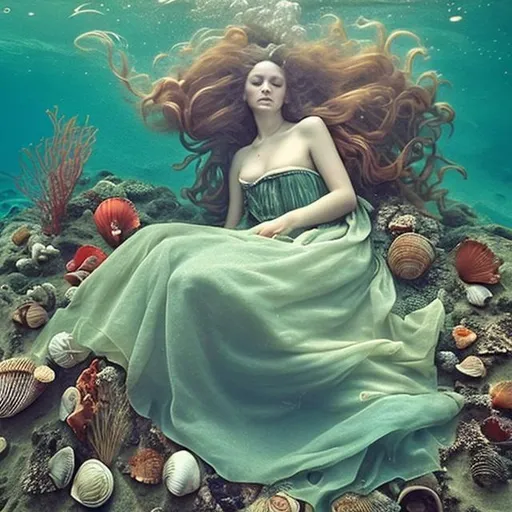 Prompt: woman in 18th century dress underwater sleeping on the sand.  Sea Shells, coral, bubbles, sea weed.  Flowing hair, Flowing dress.