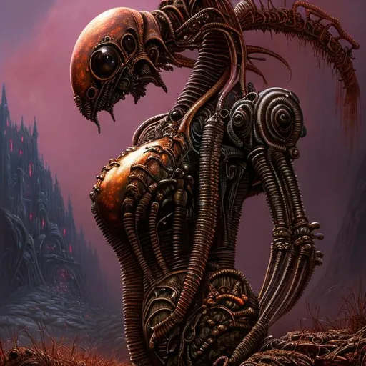 Prompt: Fantasy art style, H. R. Giger, pregnant woman, pregnancy, pregnant alien, alien, bones, pelvis, uterus, ant, queen ant, queen, eels beetles, sperm, embryo, human woman, pregnant human woman, robot, metal, copper, rust, shiny, gas mask, machine, pipes, pipeline, detailed, painting, dark, long neck, snakes, tentacles, wings, biological mechanical, robot, power plant, nuclear power, monument 
