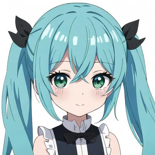 Prompt: masterpiece, (Chibi), blue hair, long hair, green eye, detailed face, pigtails, happy, highlight eyes, pastel color, anime style, dress, white background, melon
