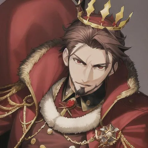 Prompt: king in a red coat, mink fur lined, pointy bejeweled crown, brown hair, goatee, medals on shirt, black cloths, 