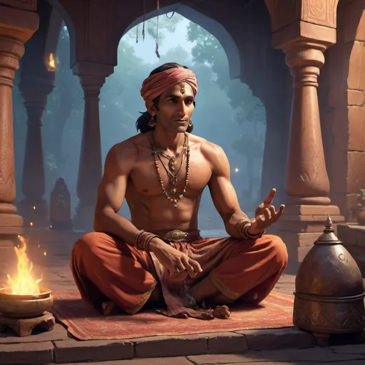 Prompt: Indian Storyteller, Fakir, mystical atmosphere, high quality, high-res, game-rpg, fantasy