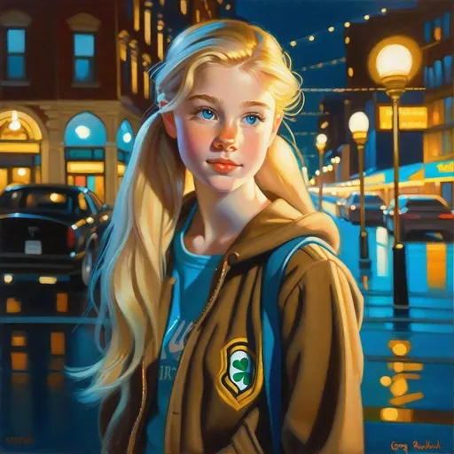 Prompt: 15 years old Irish American girl, pale skin, blonde hair, blue eyes, ponytails, freckles, Pittsburgh at night, cartoony style, extremely detailed painting by Greg Rutkowski by Steve Henderson 