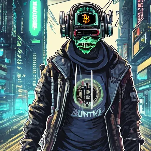 Prompt: Monster Cyberpunk character with machine guns and an eye patch with a bitcoin shirt