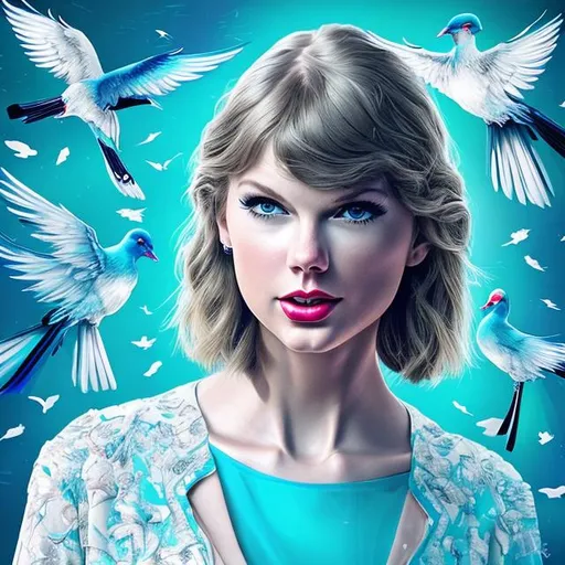 Prompt: generate me a Taylor Swift album cover concept with no words whatsoever on it as a redisign of her album cover for 1989, which features a portrait of taylor in light blue shirt with birds and white, an aesthetic true to her era of 1989. it must be highly realistic detailed, 4k HD , a detailed face with no words. it must be very light and must include she Has to have long hair, preferably in a braid. It has. To be very pastel