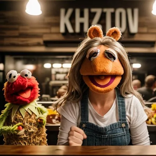 Prompt: Furious muppet Karen throwing food and causing a fight at Chipotle, angry, yelling, muppets 