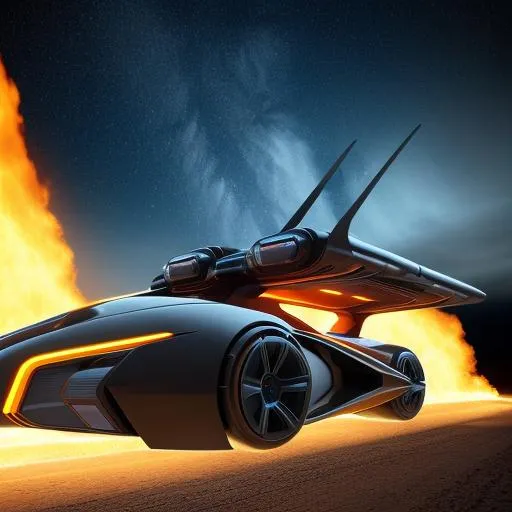 Prompt: Futuristic hyper Batmobile on fire and ice missile cosmic speed burning flames