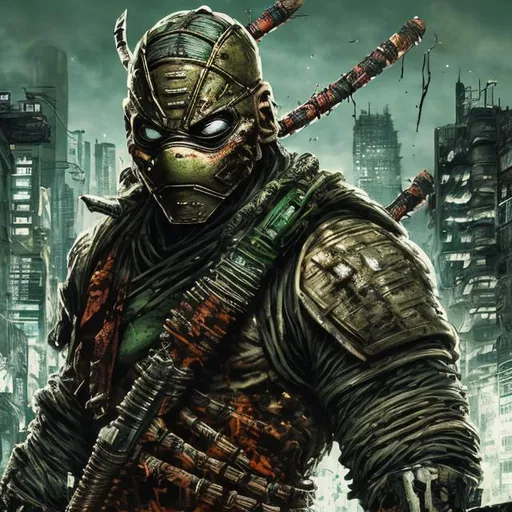 Prompt: Gritty Todd McFarlane style Ninja samurai turtle punisher spawn, dark green and copper. Full body. Imperfect, Gritty, futuristic army-trained villain. full face mask. Bloody. Hurt. Damaged. Accurate. realistic. evil eyes. Slow exposure. Detailed. Dirty. Dark and gritty. Post-apocalyptic Neo Tokyo .Futuristic. Shadows. Sinister. Armed. Fanatic. Intense. 