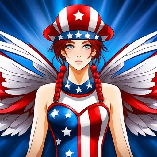 Prompt: fairy of the 4th of July U.S. patriotic, dreamscape, vivid colors of red, fwhite and blue ,closeup