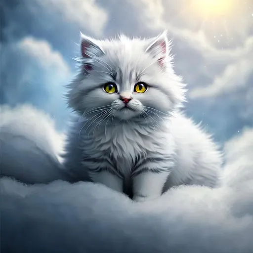 Prompt: Cute, very, very, light gray, fluffy, fantasy light kitten, with cloudy, white eyes, very, light, light, gray fur, and possessing the element of air and making circles of clouds and air move around in the air in a magical way, in a space background. Perfect features, extremely detailed, realistic. Krenz Cushart + loish +gaston bussiere +craig mullins, j. c. leyendecker +Artgerm.