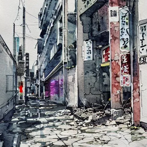 Prompt: A watercolor of Tokyo in ruin
