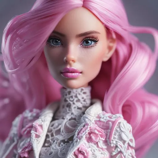 Prompt: unreal engine, tilt-shift technique, high quality full body photo of a woman in Barbie style, with Openheimer, wearing black, very highly detailed perfect form intricately painted, pink and white colours, intricate exquisite face, realistic photo, high quality, supermacro,, in perfect studio lighting, supermacro objective, with , best contrast, octane render