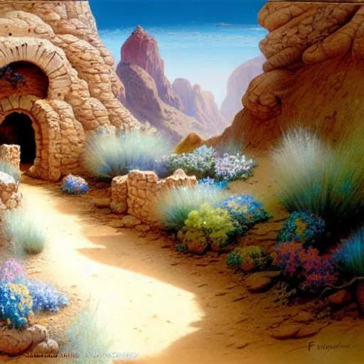 Prompt: John Blanche fantasy desert path franzetta 