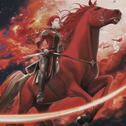 Prompt: horse, fiery red, went out. And it was granted to the one who sat on it to take peace from the earth, and that people should kill one another; and there was given to him a great sword” 