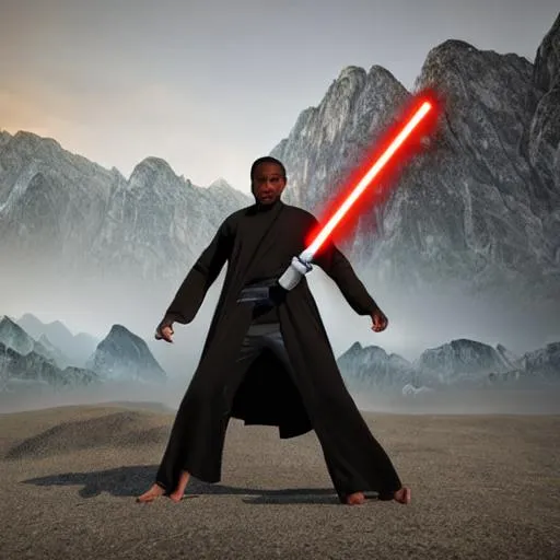 Prompt: black male in jedi robes, holding light saber in defensive position, powerful stance, nature background in the mountains, photo realistic, 4k, surreal lighting, complete rendering, full body shot, 