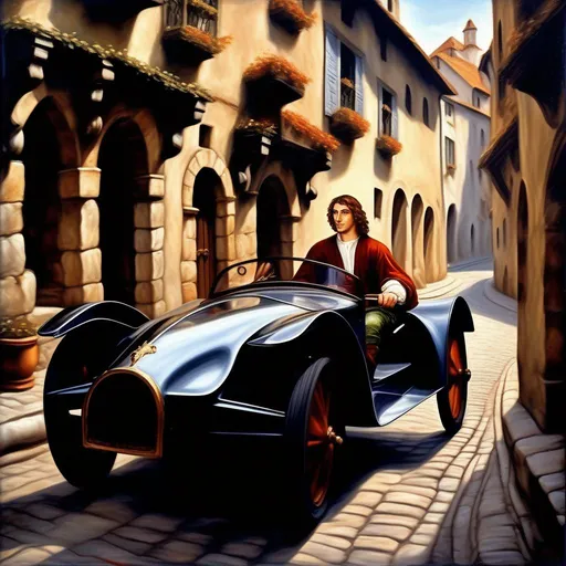 Prompt: Handsome young and rich medieval man driving a luxurious sportscar in a narrow medieval street, oil painting, 16th century, realistic, in the style of Botticelli