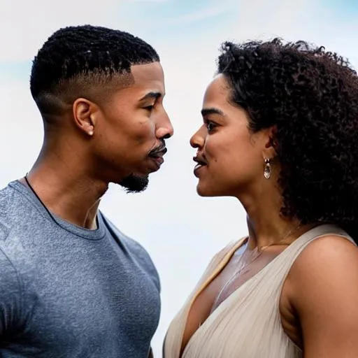 Prompt: Draw a picture of a couple, man and woman in love, Michael B Jordan and Tessa Thompson, kissing each other, oil painting, portrait, detailed, ultra HD, 8k, intricate, romantic