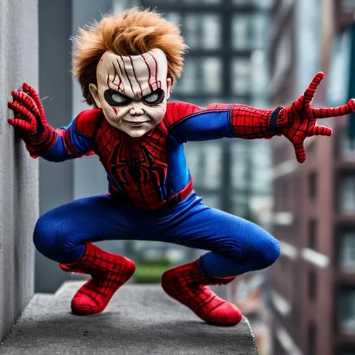 Prompt: Chucky doll wearing spiderman costume 