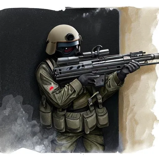 Prompt: a male austrian Bundeswehr firing with a rifle. He wears an helmet and a mask over the face. he is behind a wall firing against enemies. vaguely scifi. well draw face, detailed   